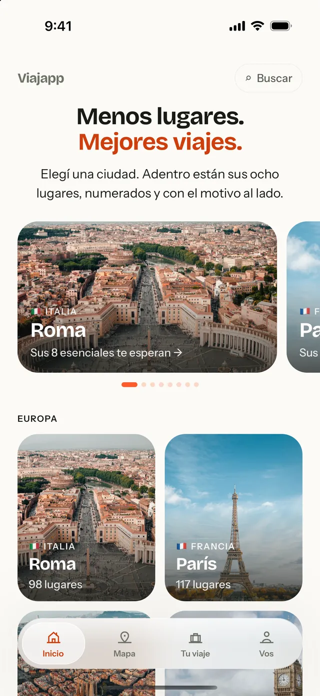 La pantalla de inicio de Viajapp con las ciudades