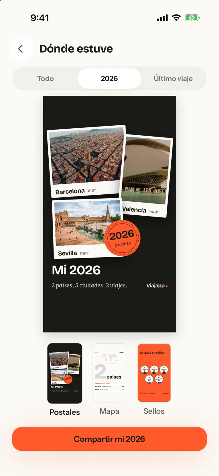 «Dónde estuve»: la tarjeta Mi 2026 con fotos de Barcelona, Valencia y Sevilla, lista para compartir.
